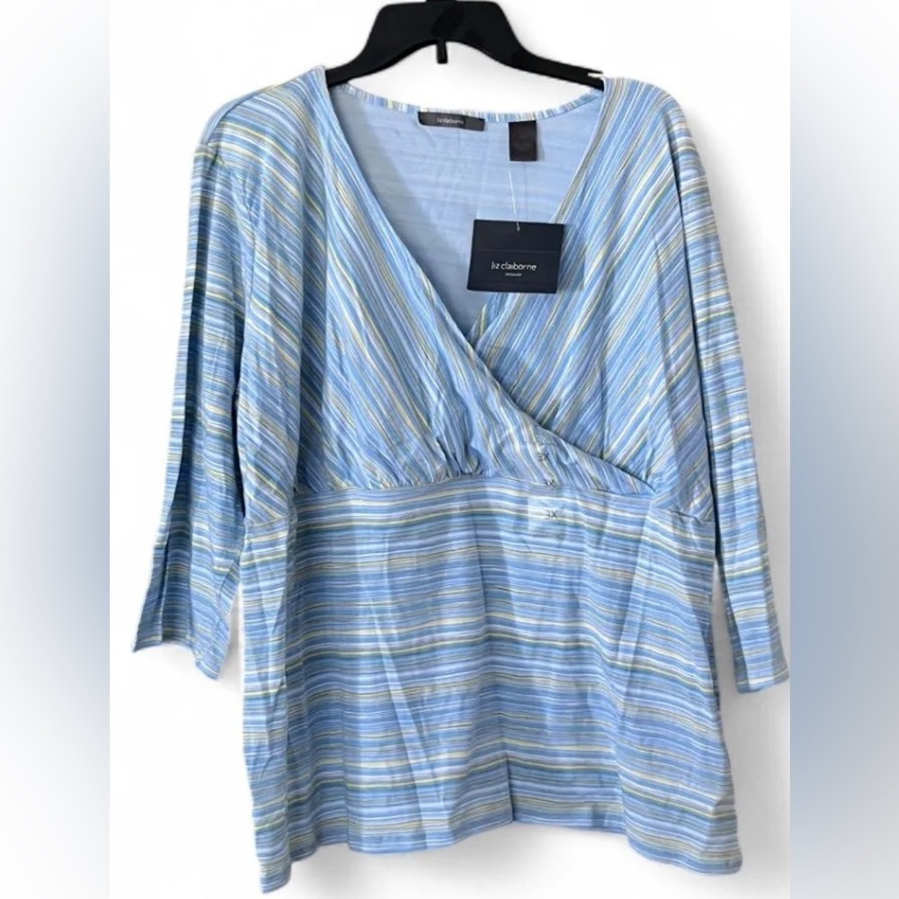 Liz Claiborne Blue Striped Vneck Wrap Style 3/4 Length Sleeve Blouse/NWT/3XL - Picture 2 of 3